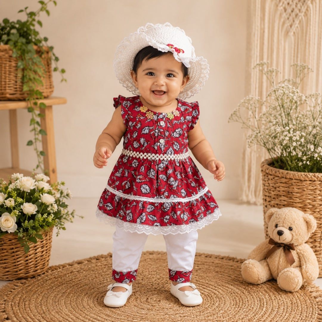 Red Frock for Baby Girl with Hat & Bottom