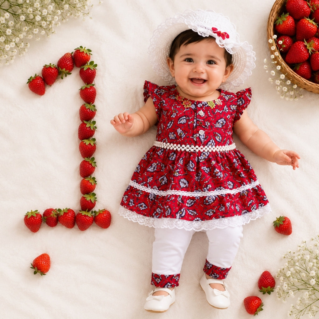Red Frock for Baby Girl with Hat & Bottom