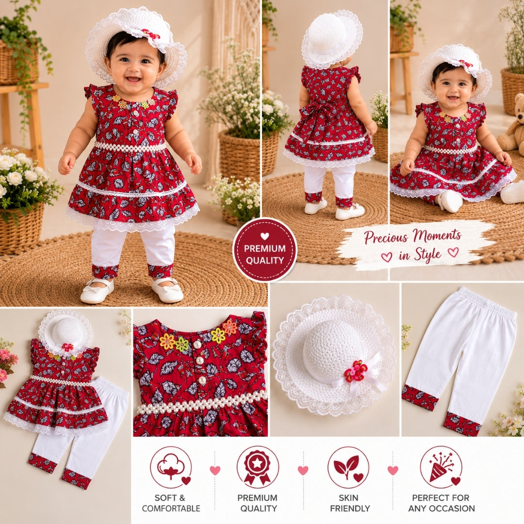 Red Frock for Baby Girl with Hat & Bottom