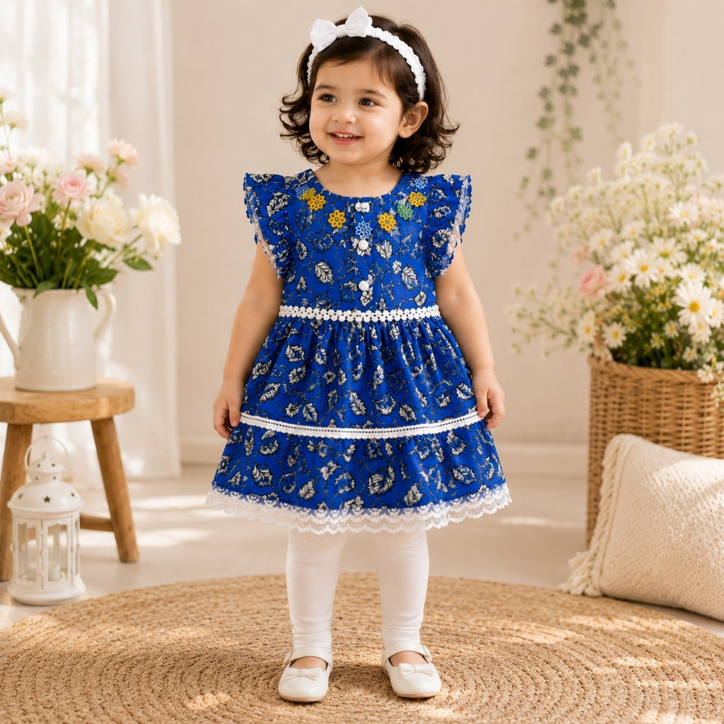 Blue Frock for Baby Girl with Hat & Bottom