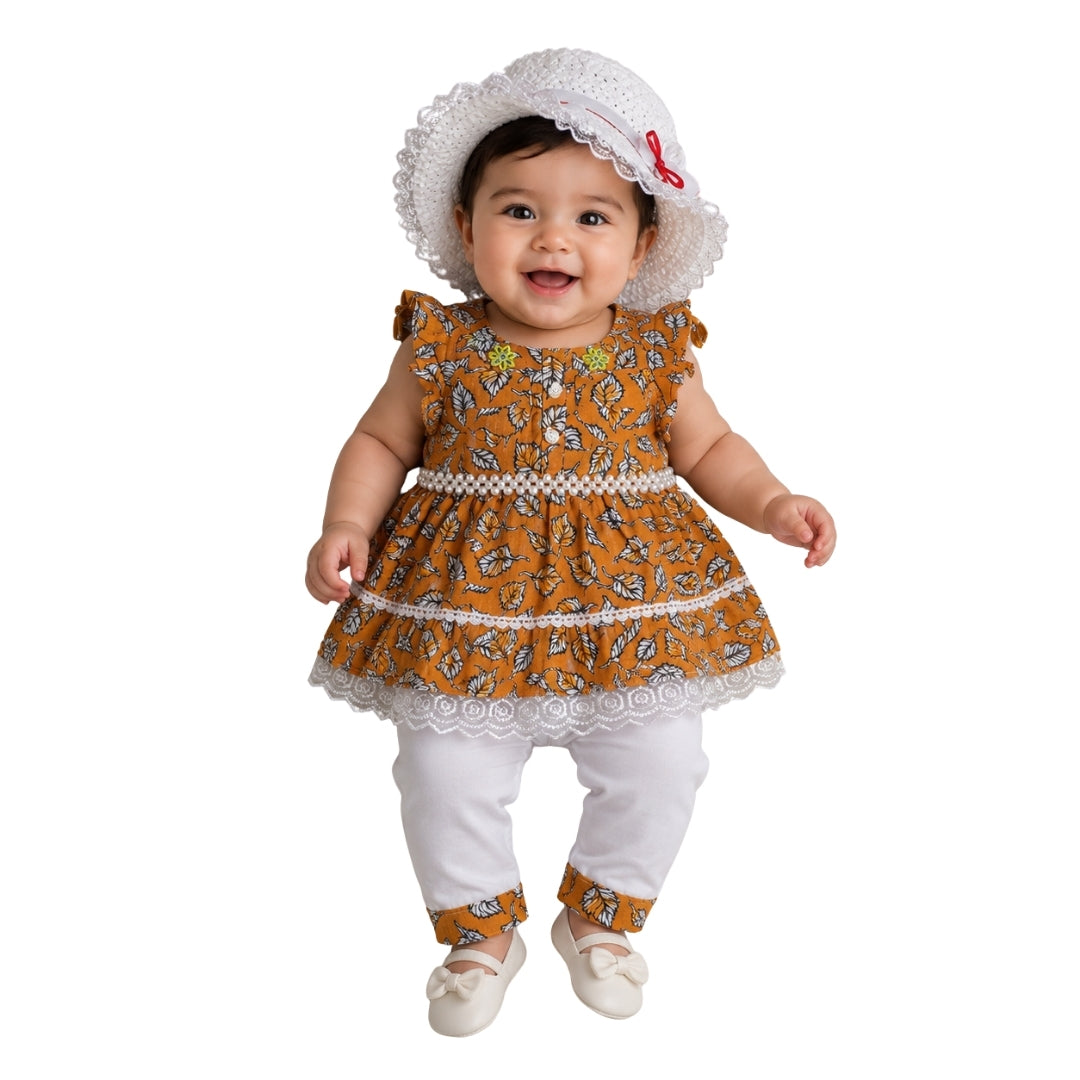 Orange Frock for Baby Girl with Hat & Bottom