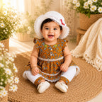 Orange Frock for Baby Girl with Hat & Bottom