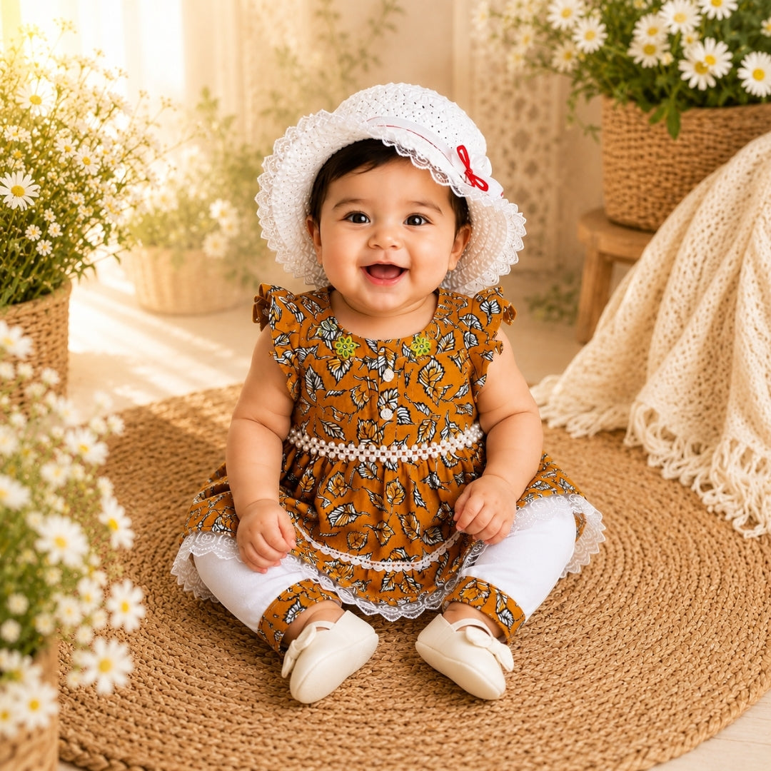 Orange Frock for Baby Girl with Hat & Bottom