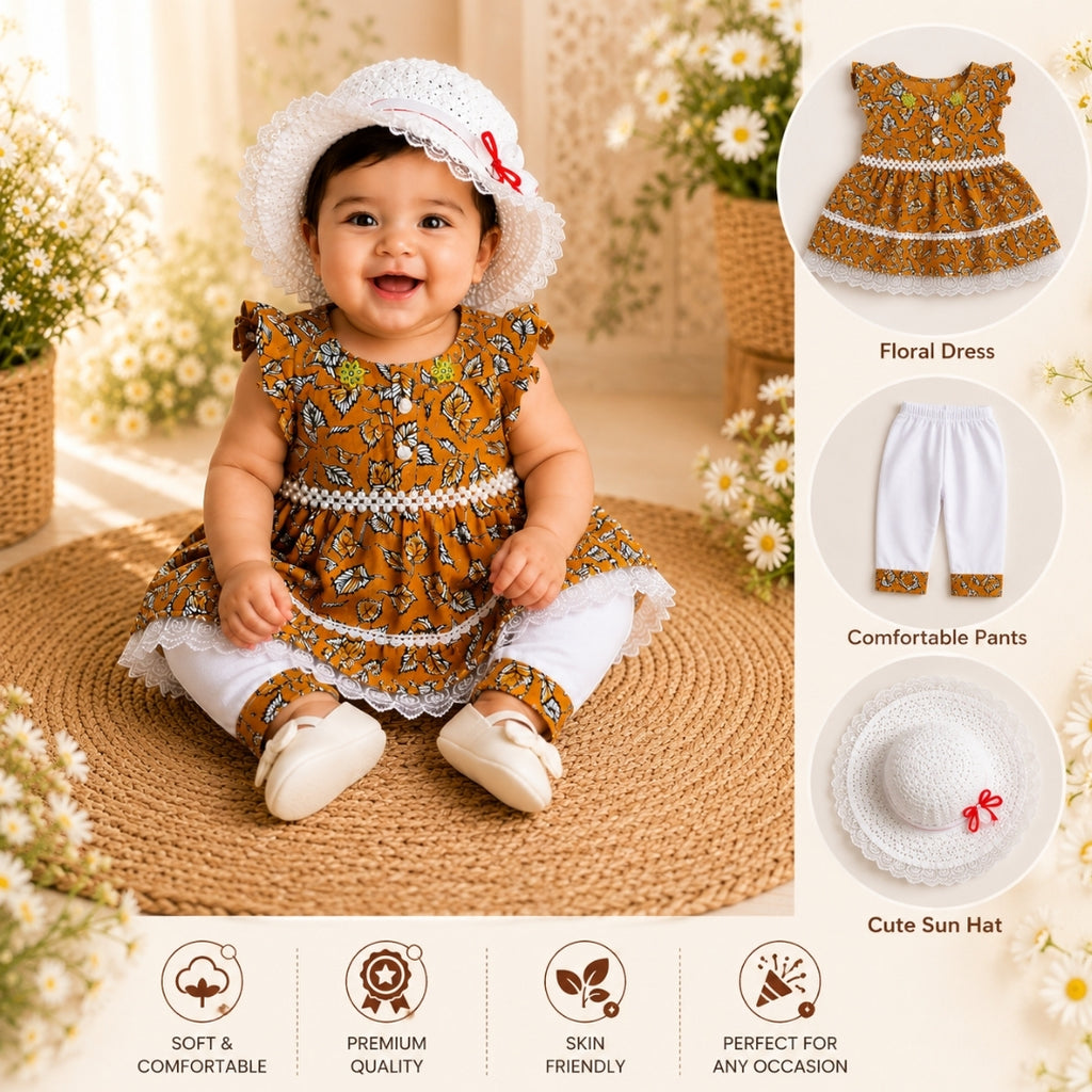 Orange Frock for Baby Girl with Hat & Bottom