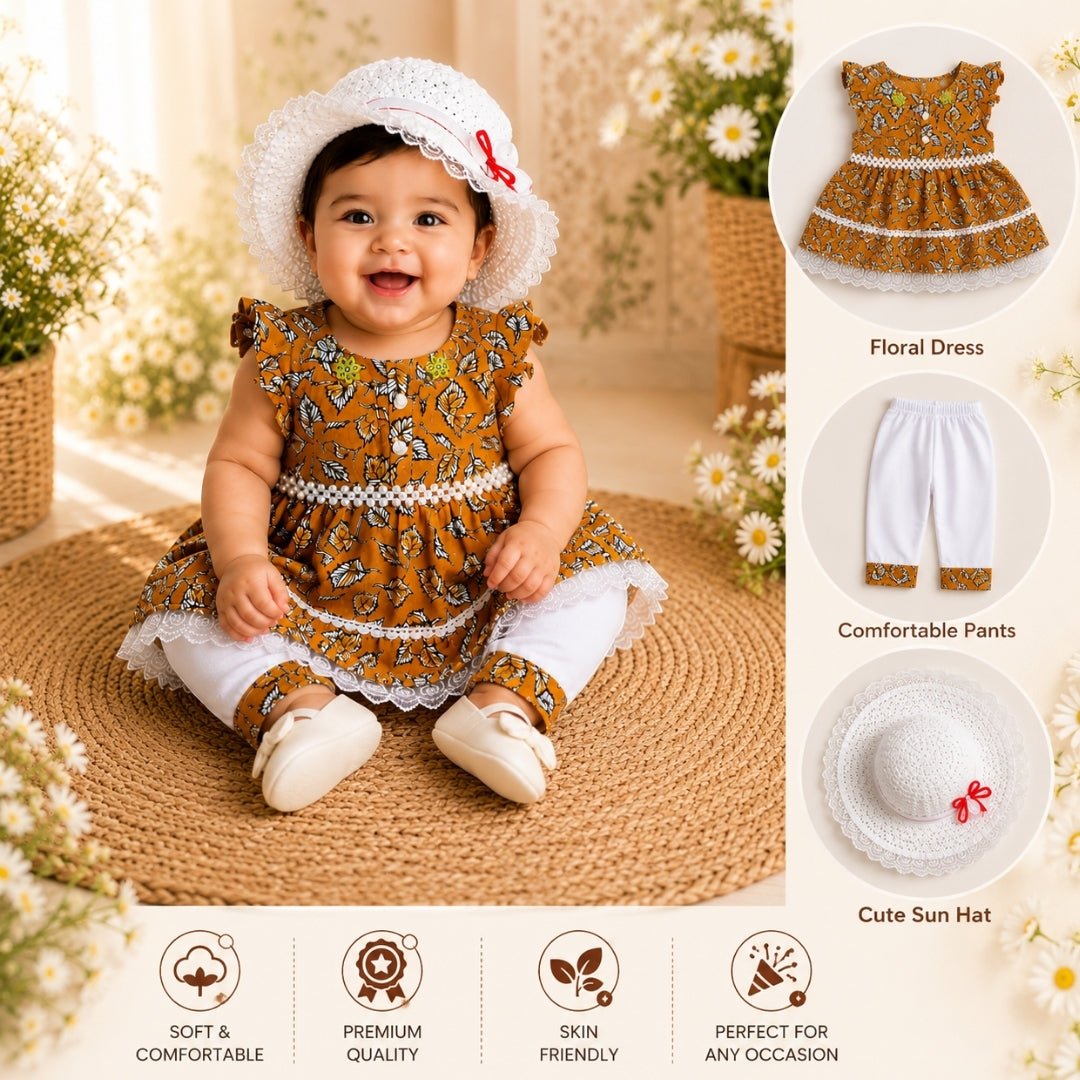 Orange Frock for Baby Girl with Hat & Bottom