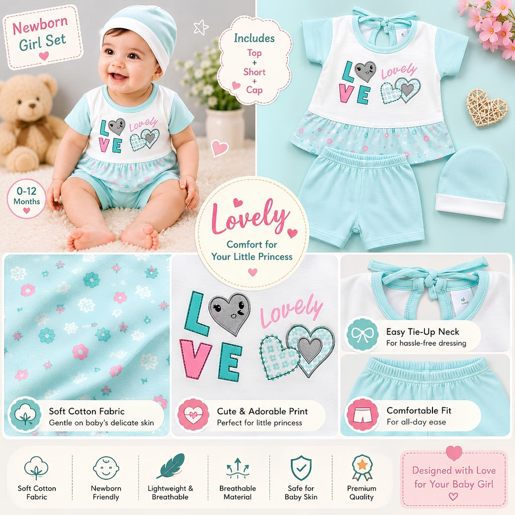 Lovely Shirt & Short with Hat for Newborn Girls
