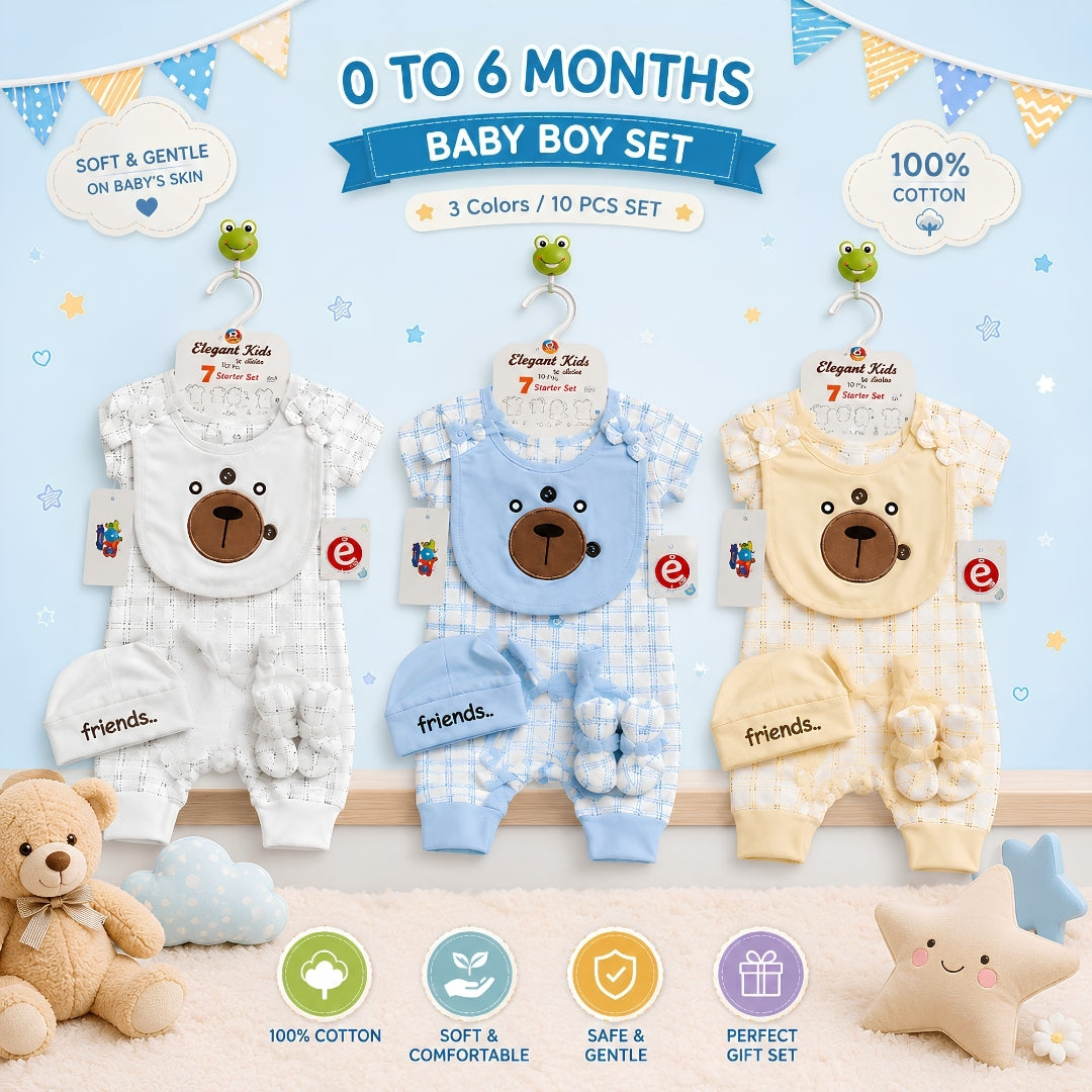 10 Piece of Gift Set with Romper for Newborn Boys