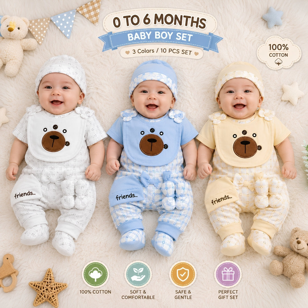 10 Piece of Gift Set with Romper for Newborn Boys