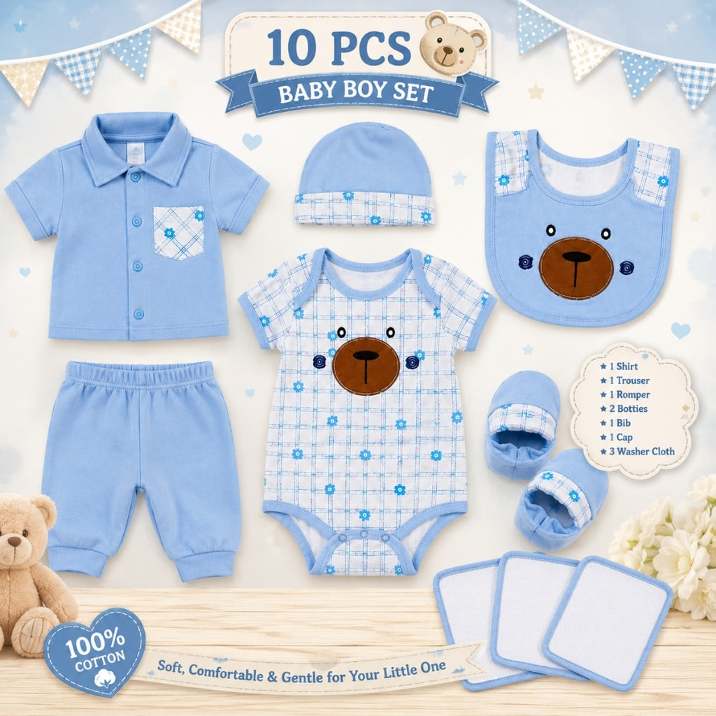 10 Piece of Gift Set with Romper for Newborn Boys