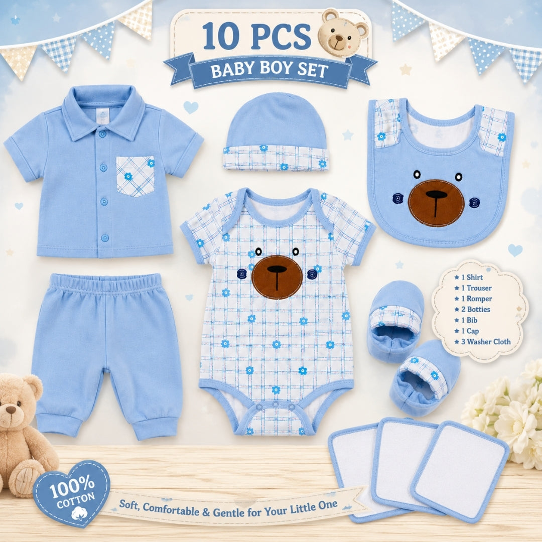 10 Piece of Gift Set with Romper for Newborn Boys